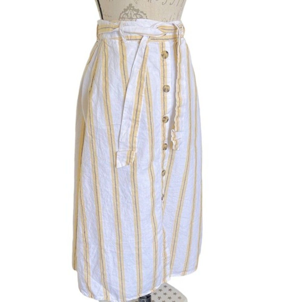 Cynthia Rowley Womens Skirt 100% Linen Striped Yellow Pockets Tied Midi Medium - Picture 9 of 12